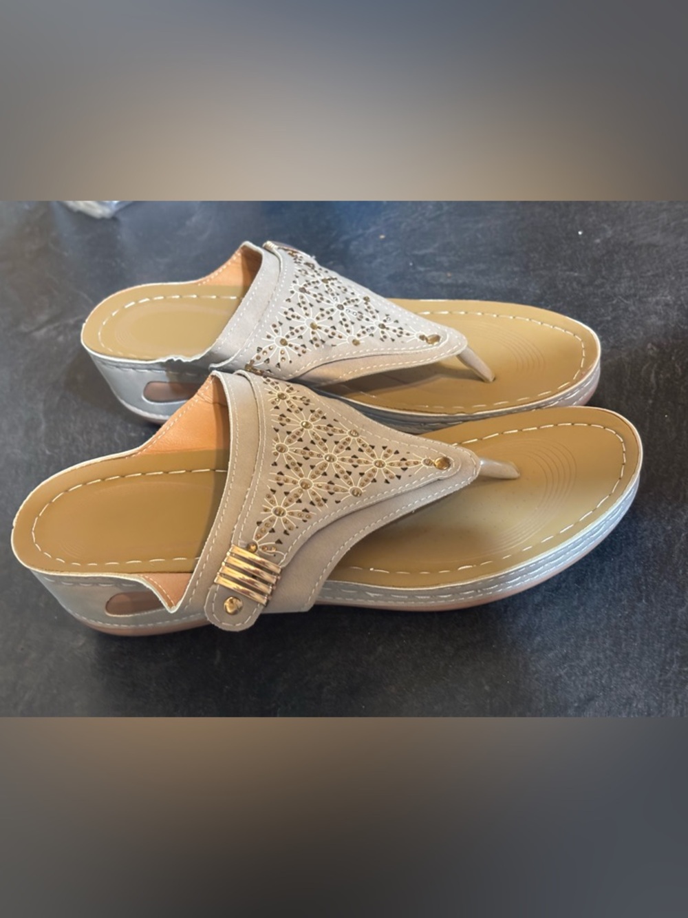 Women’s  Orthopedic Beige Embellished Thong Sandals - Neutral Casual